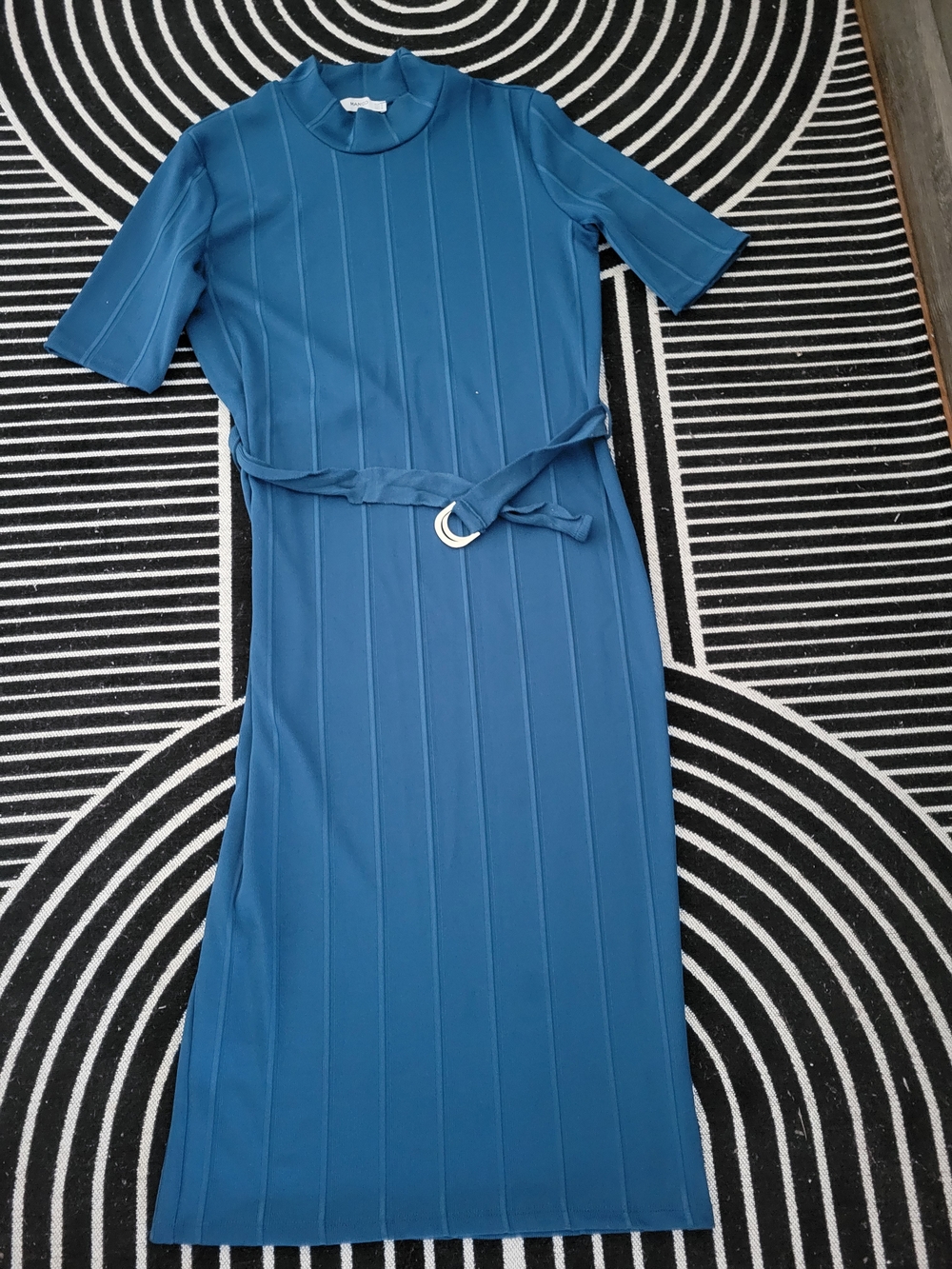 Mango Teal Blue Ribbed Maxi Dress with Belt